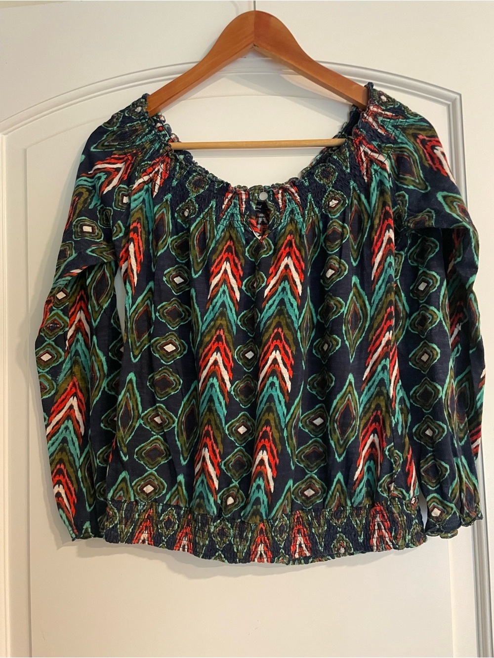 Lucky Brand Navy Multicolor Boho Off-Shoulder Blouse